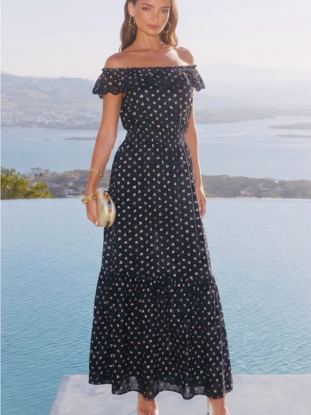 Ulla Johnson Black Off-Shoulder Floral Maxi Dress S